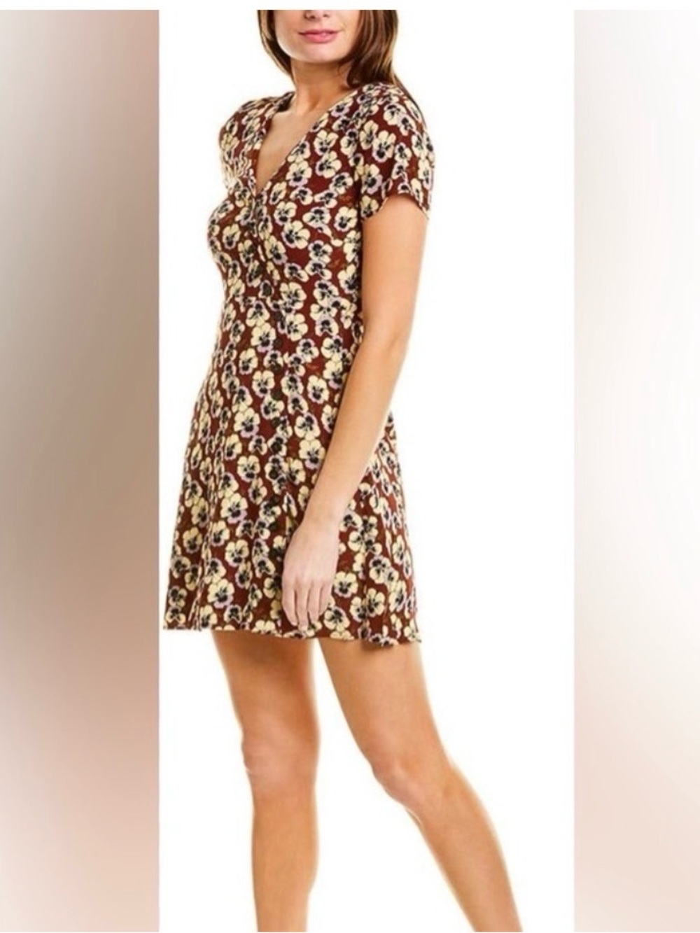 Floral V-Neck Short Sleeve Dress - Brown Floral